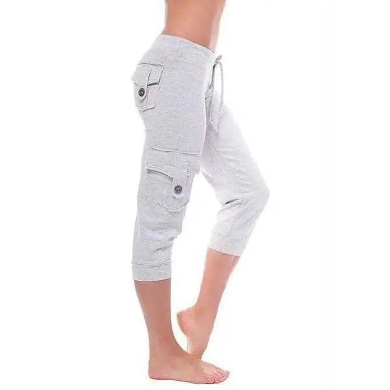 Yoga cropped pants with elastic waist button pockets-Grey-3