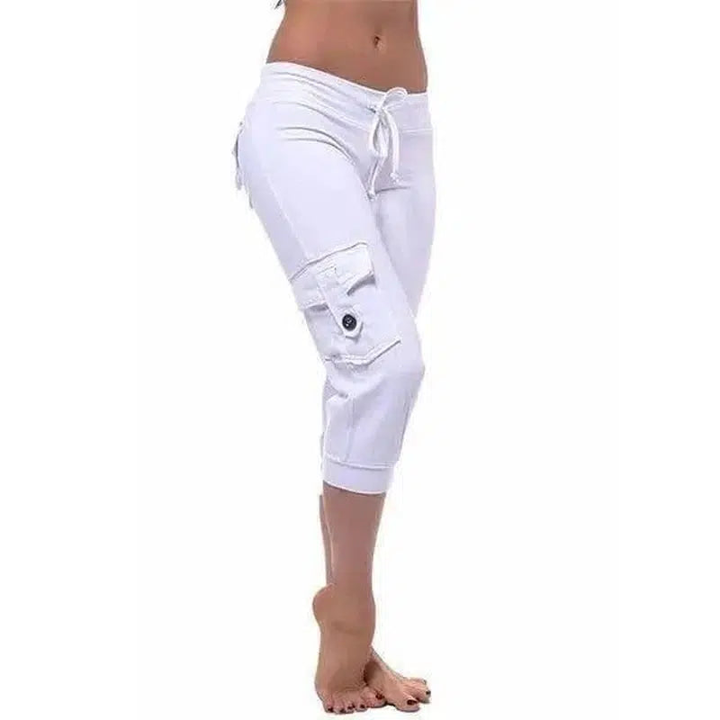 Yoga cropped pants with elastic waist button pockets-White-1