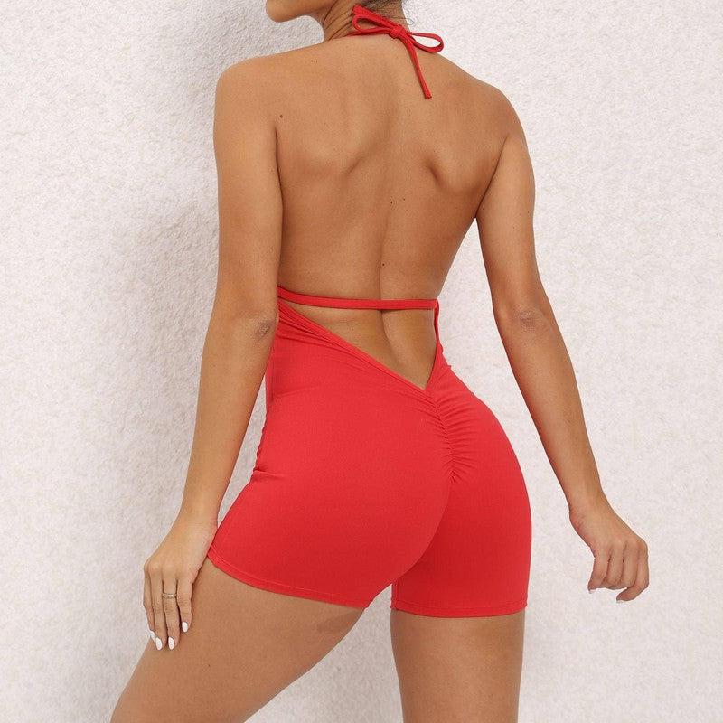 Yoga Pants Halter Neck Jumpsuit Beauty Back Shorts High-Red-10