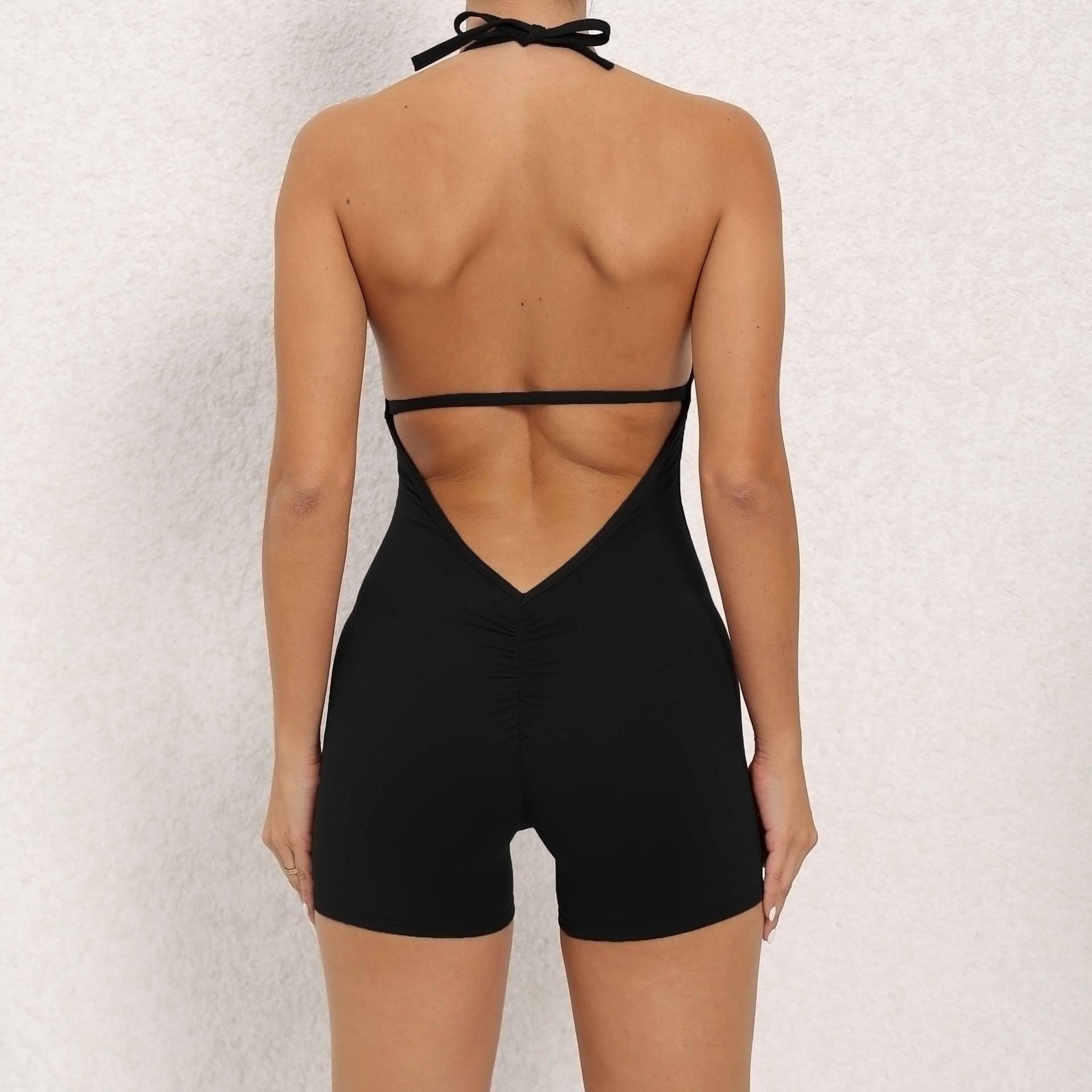 Yoga Pants Halter Neck Jumpsuit Beauty Back Shorts High-Black-7