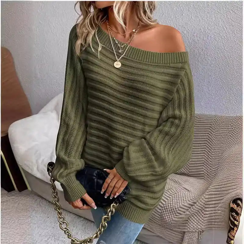 Women’s olive off-shoulder ribbed knit sweater – relaxed oversized fall top