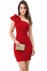 Short red one shoulder dress with bow detail and bodycon fit for women