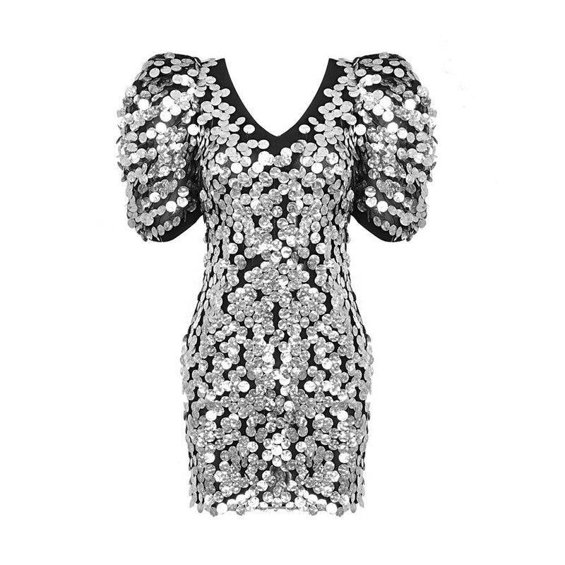 Sliver Sequins Mini Dress Women Short Sleeve V Neck Evening-Silver-7