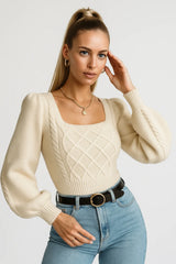 Women’s cream cable knit square neck sweater with puff sleeves – chic fall outfit idea