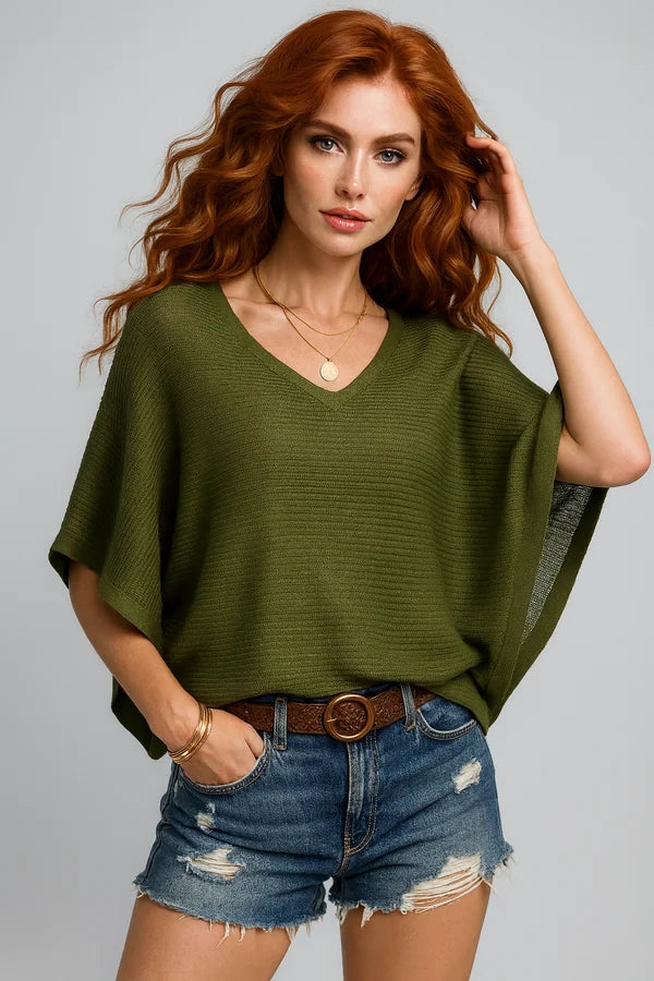Women's green loose fit V-neck short sleeve knit top