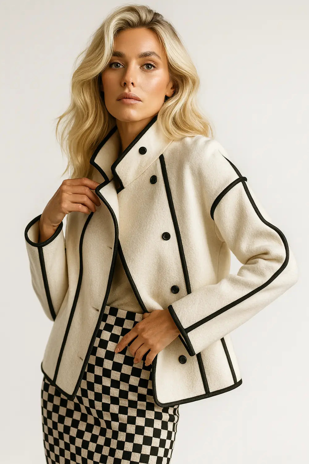 Women's White Wool Jacket with Black Trim – Elegant Double-Breasted Blazer